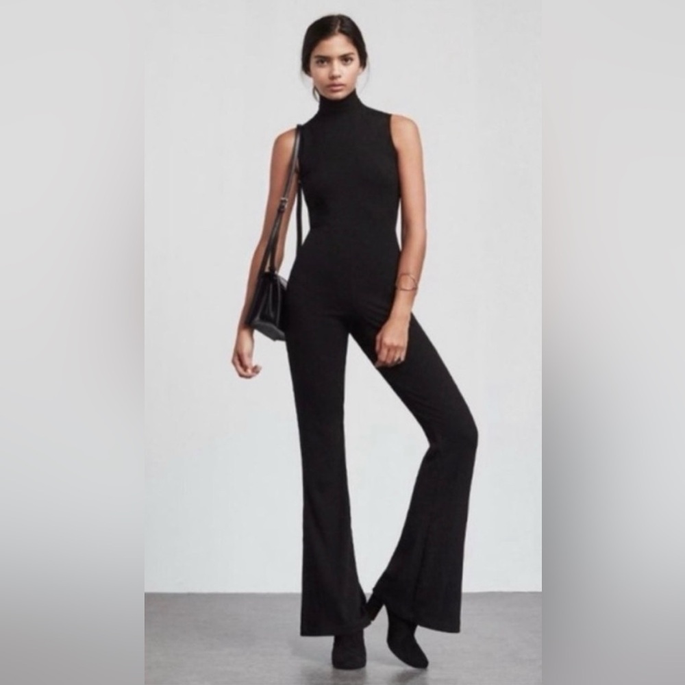 Reformation Ribbed Mock Neck Flare Jumpsuit in Black, Size XS